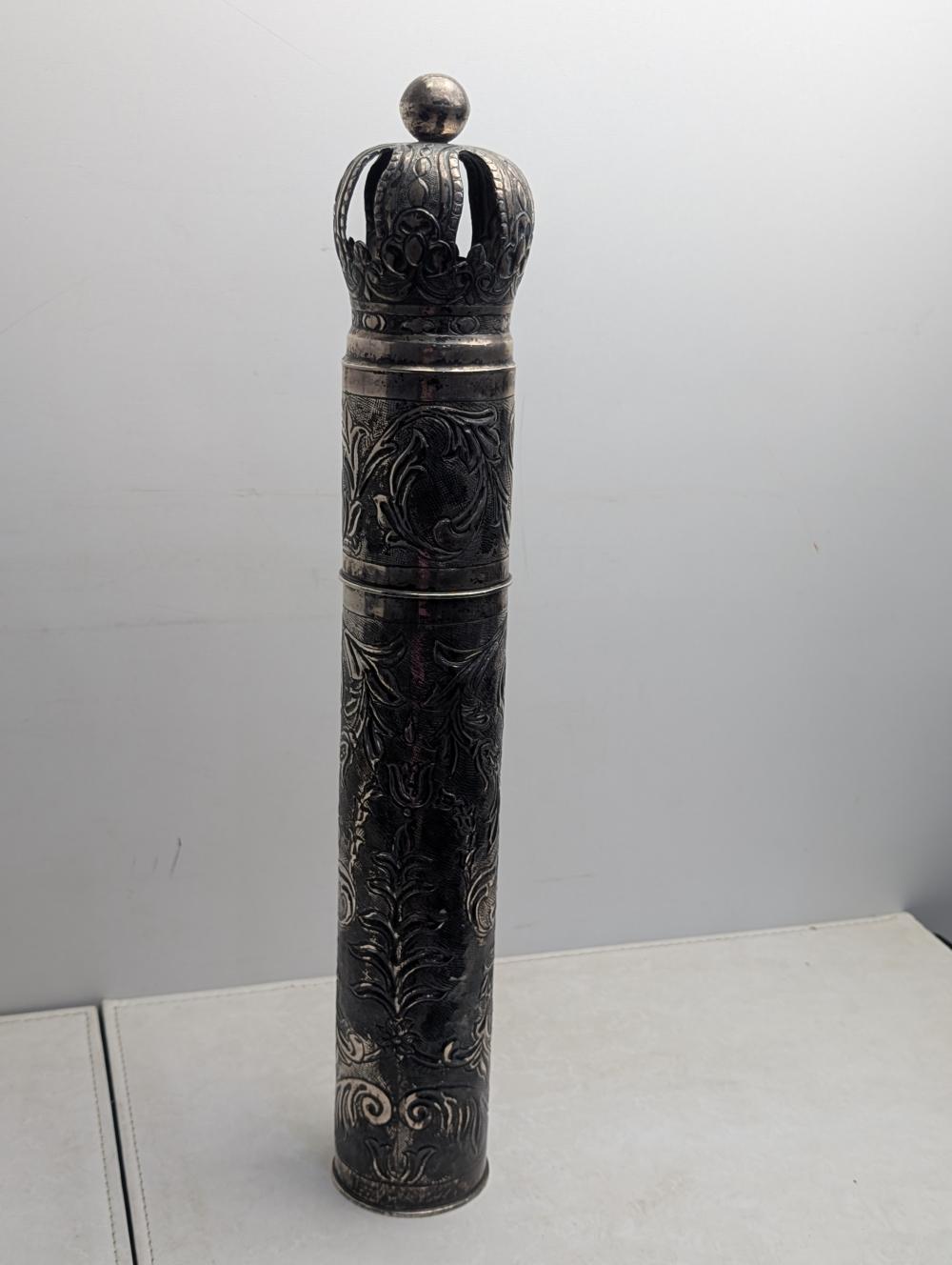 21.4 Oz. of SOLID STERLING SILVER!! European Antique Judaica Megillah Scroll Keeper w/ AMAZINGLY BEAUTIFUL Flower and Filigree Artwork & King David's Crown Designed Cap - REALLY BEAUTIFUL PIECE!! sold by Richard L. Edwards Auctioneer, lot 18 — auction record photograph