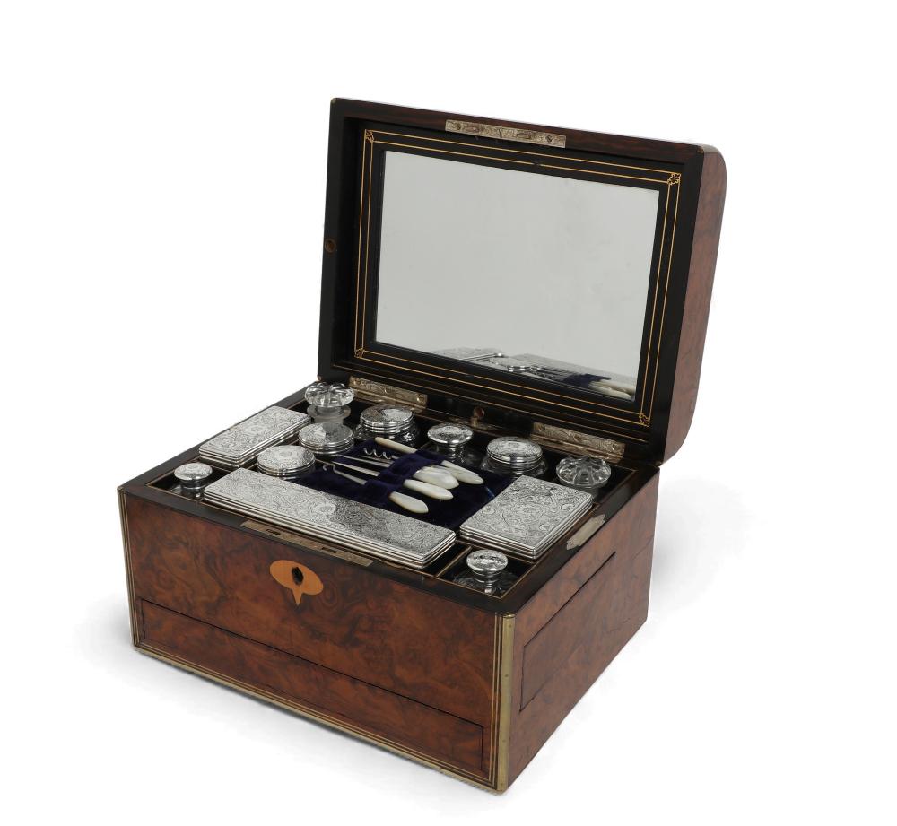 A Victorian brass inlaid burr walnut cased traveling sterling silver and clear glass vanity set, probably Thomas Whitehouse, London, 1863 sold by Andrew Jones Auctions, lot 234 — auction record photograph
