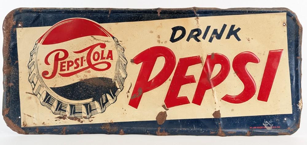 Vintage SST Pepsi- Cola Embossed Advertising Sign w/ Bottle Cap Graphic sold by Kraft Auction Service, lot 3460 — auction record photograph