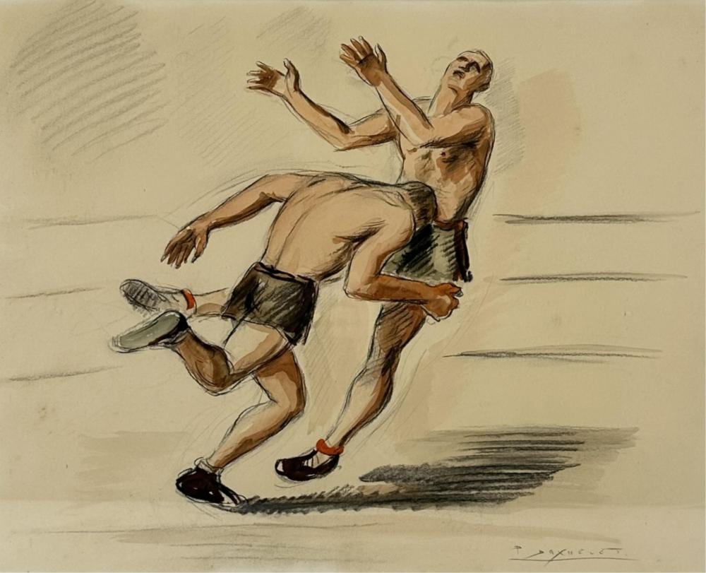 Paul Daxhelet comparable auction result: paul daxhelet 1905 1993 les lutteurs technique mixte sur papier dimensions 41 x 50 cm