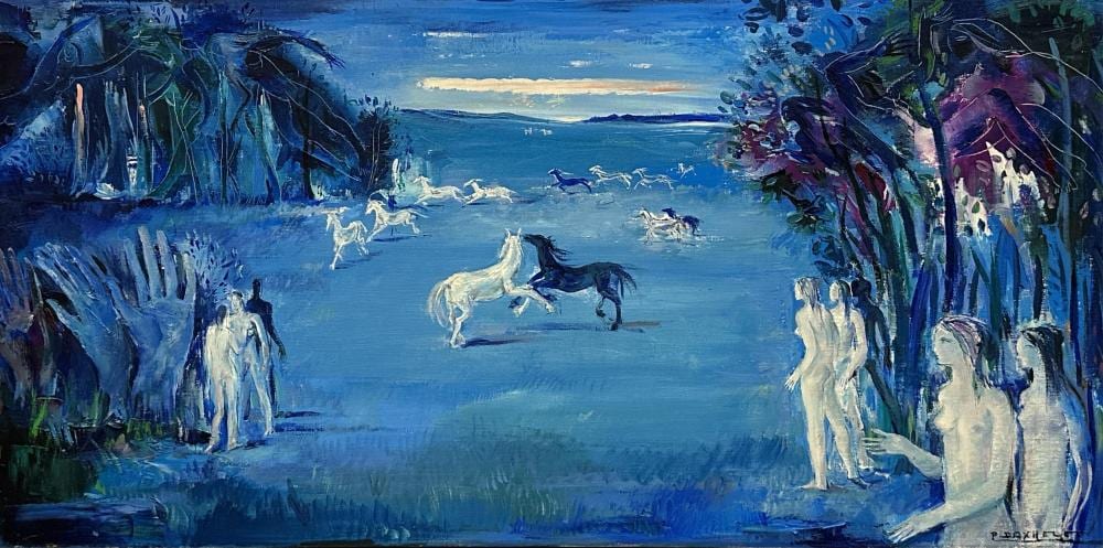 Paul Daxhelet comparable auction result: paul daxhelet 1905 1993 paysage surr aliste aux femmes nues et aux chevaux huile sur toile dimensions 50 x 100 cm