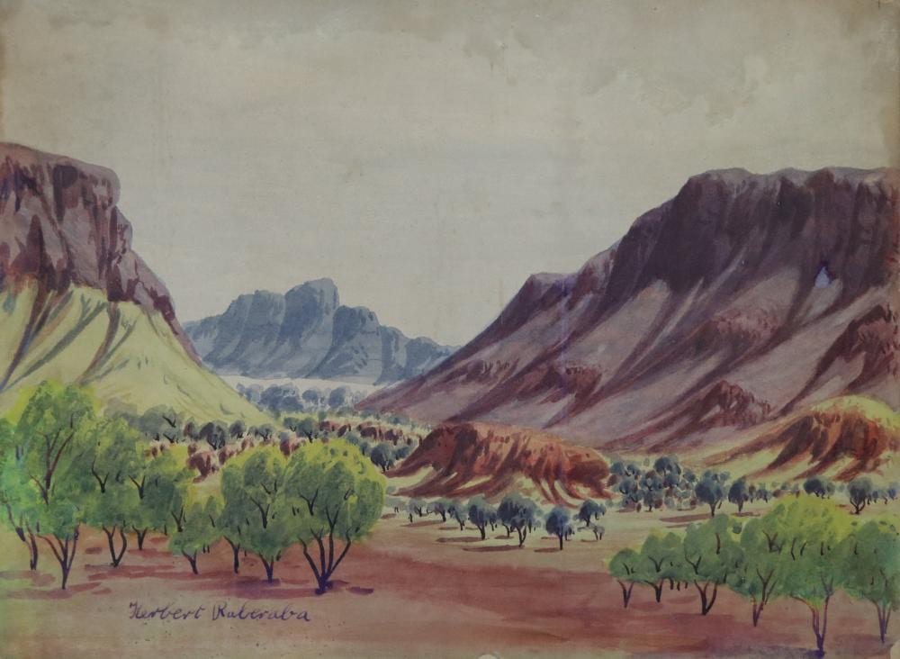 Herbert Raberaba comparable auction result: herbert raberaba hermannsburg watercolour of the macdonald ranges signed lower left approx 38cm by 28cm note some staining and water damage