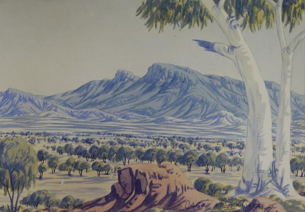 Oscar Namatjira comparable auction result: oscar namatjira hermannsburg watercolour signed lower right approx 35cm by 24cm unframed