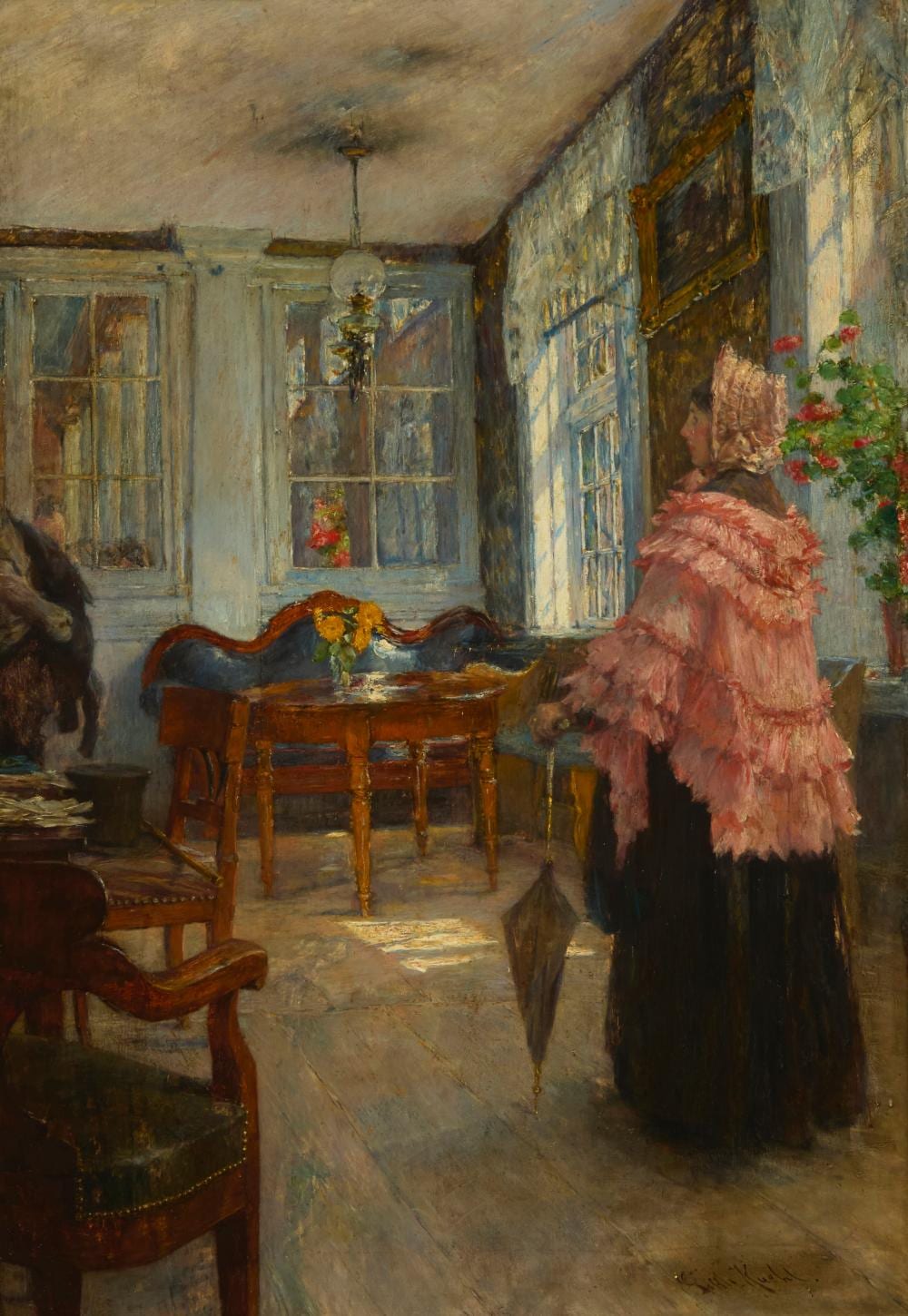 Gotthardt Kuehl comparable auction result: gotthardt kuehl 1850 1915 woman with parasol and ruffled cloak standing in a sunroom