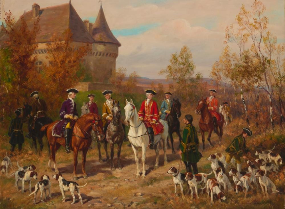 Raymond Desvarreux comparable auction result: raymond desvarreux 1876 1961 le depart pour la chasse a courre 1920