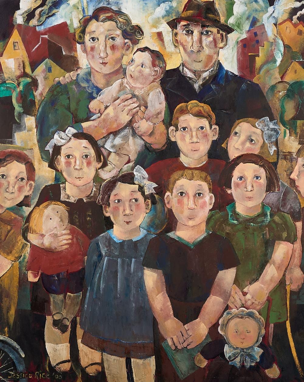 Jessica Rice comparable auction result: jessica rice family of man oil painting 2000