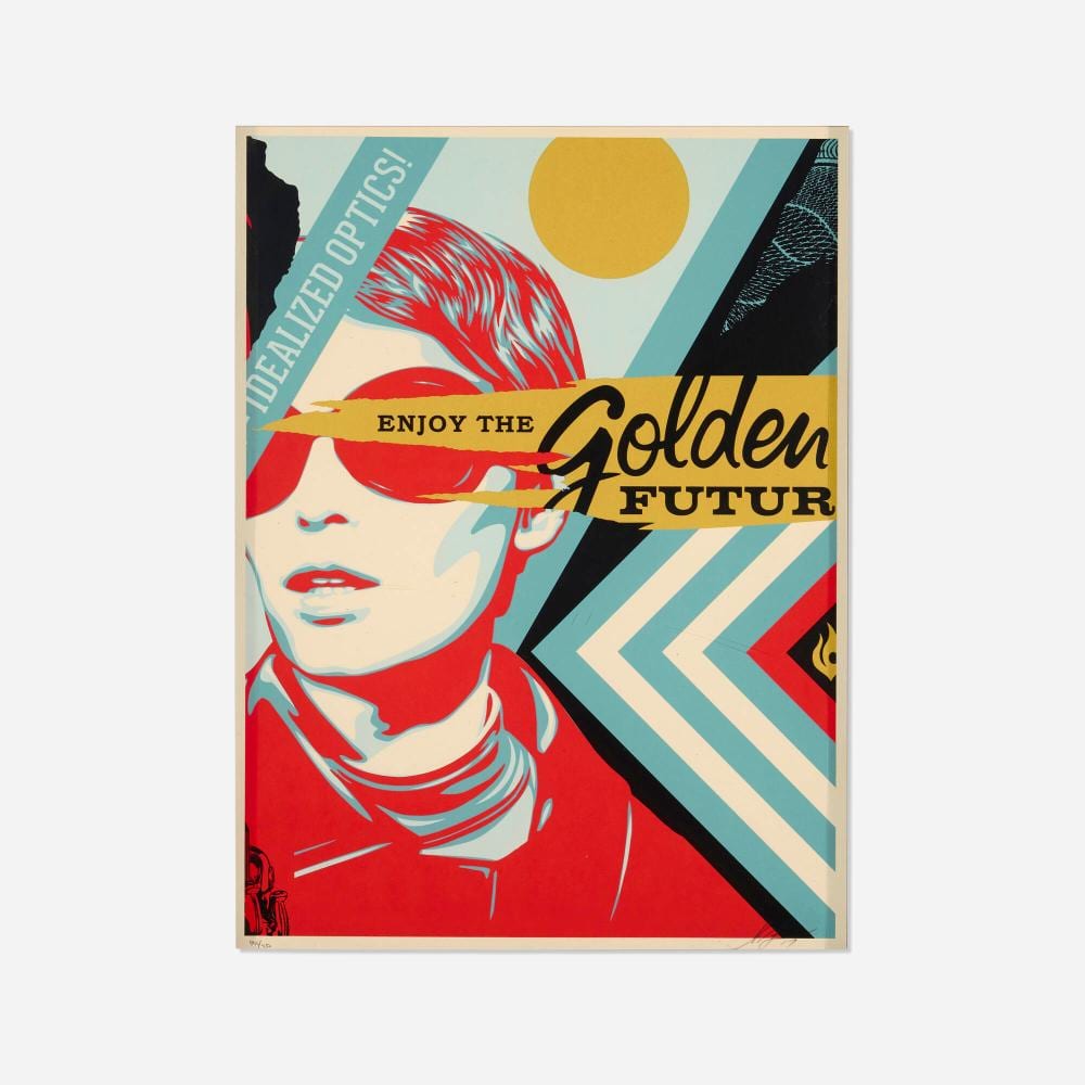 Colorful pop-art poster showing a stylized face with red hair, bold text reading “Enjoy the Golden Future,” and geometric shapes.