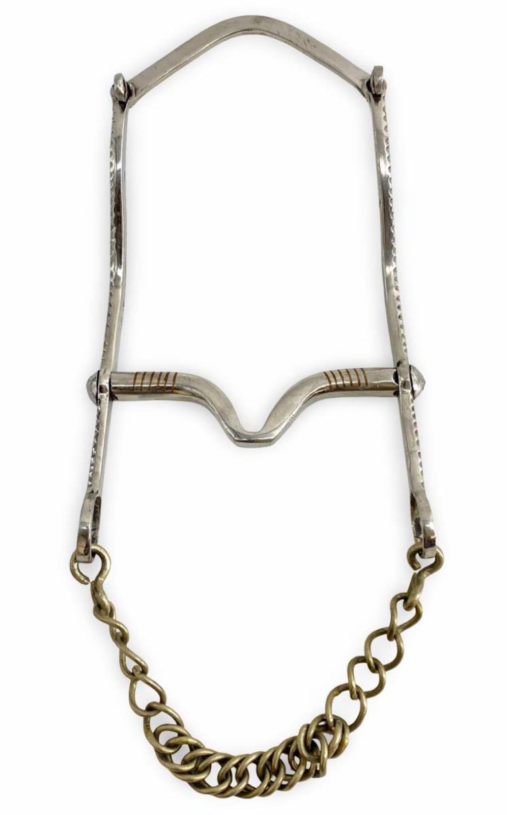 Metal western horse show bit with two mouthpieces and a chain attachment, shown on a white background.