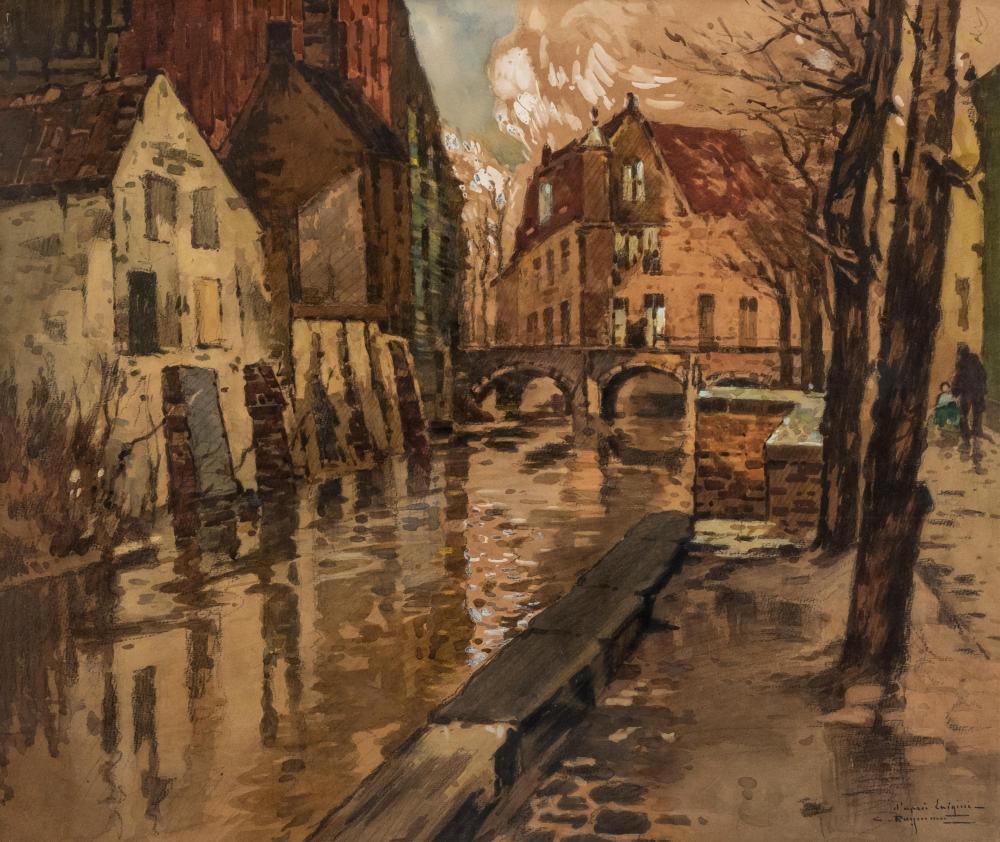 Casimir Raymond comparable auction result: casimir raymond after ferdinand luigini a canal in bruges gouache and watercolor painting