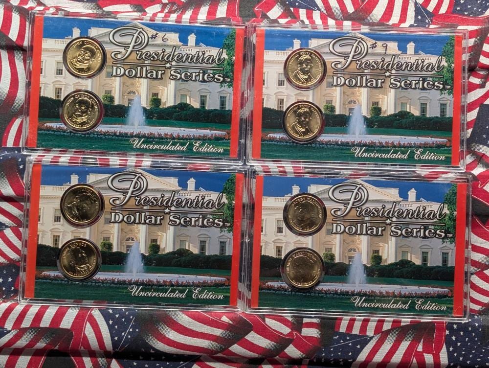 John Quincy Adams comparable auction result: john quincy adams james monroe george washington william henry harrison p d presidential unc dollar collection in display 4 pcs