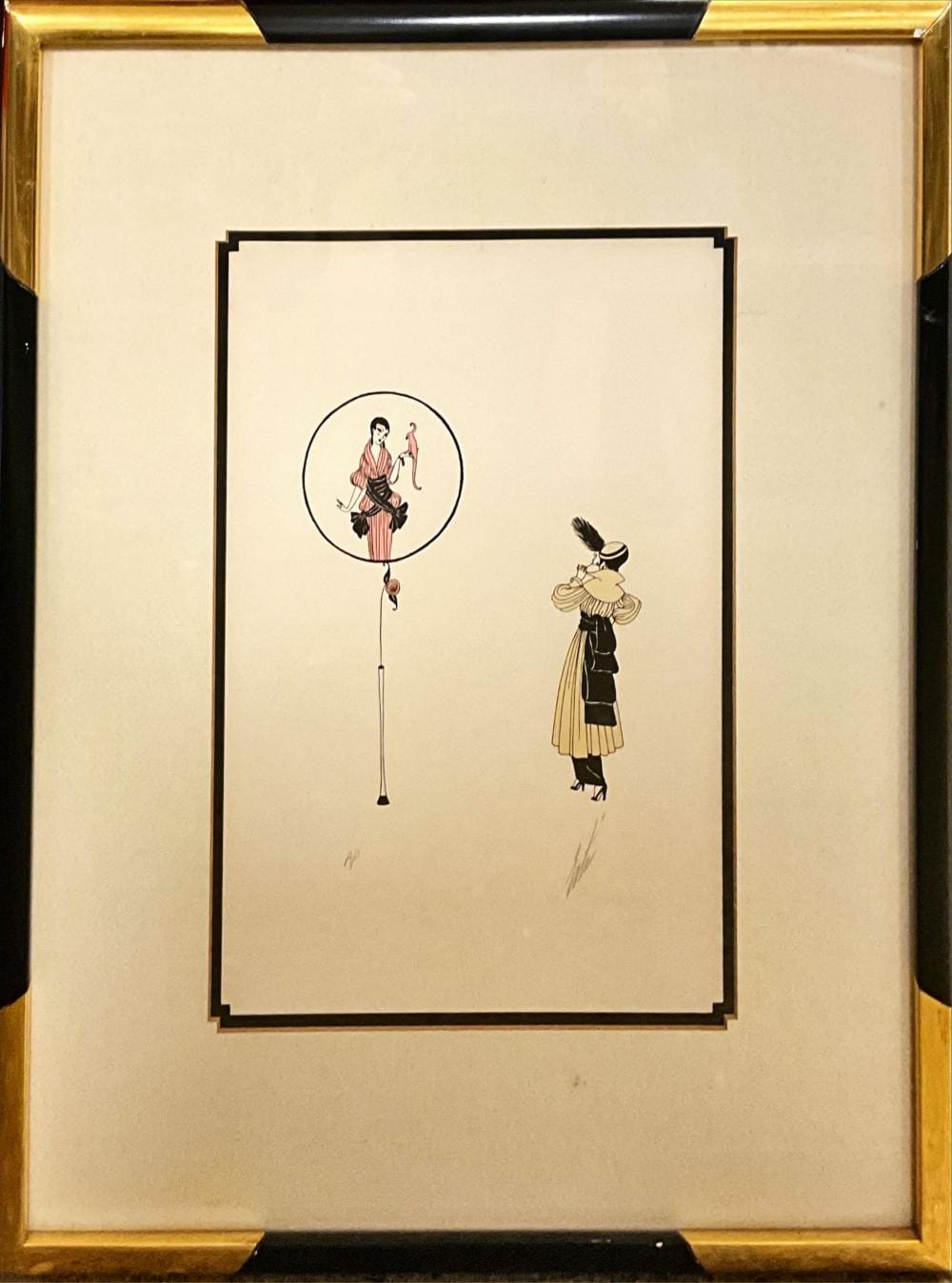 Framed artwork featuring two fashion figures in Art Deco style, one holding a long balloon string and the other in layered dress and hat.