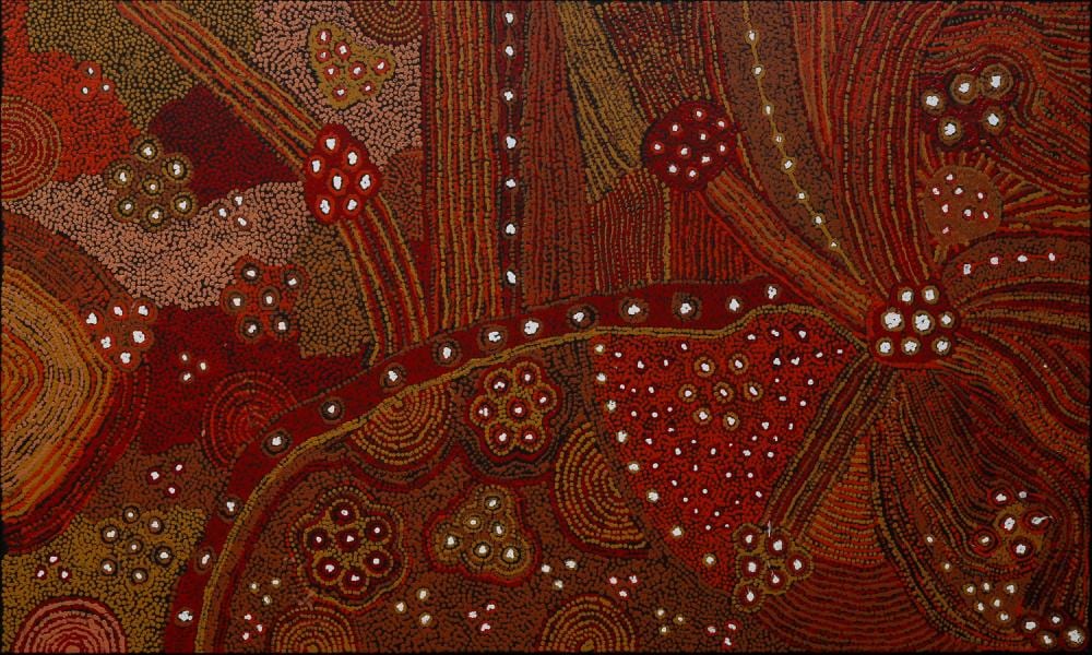 Elaine Woods comparable auction result: elaine woods minma kutjara tjukurrupa acrylic on linen 109cm x 182cm