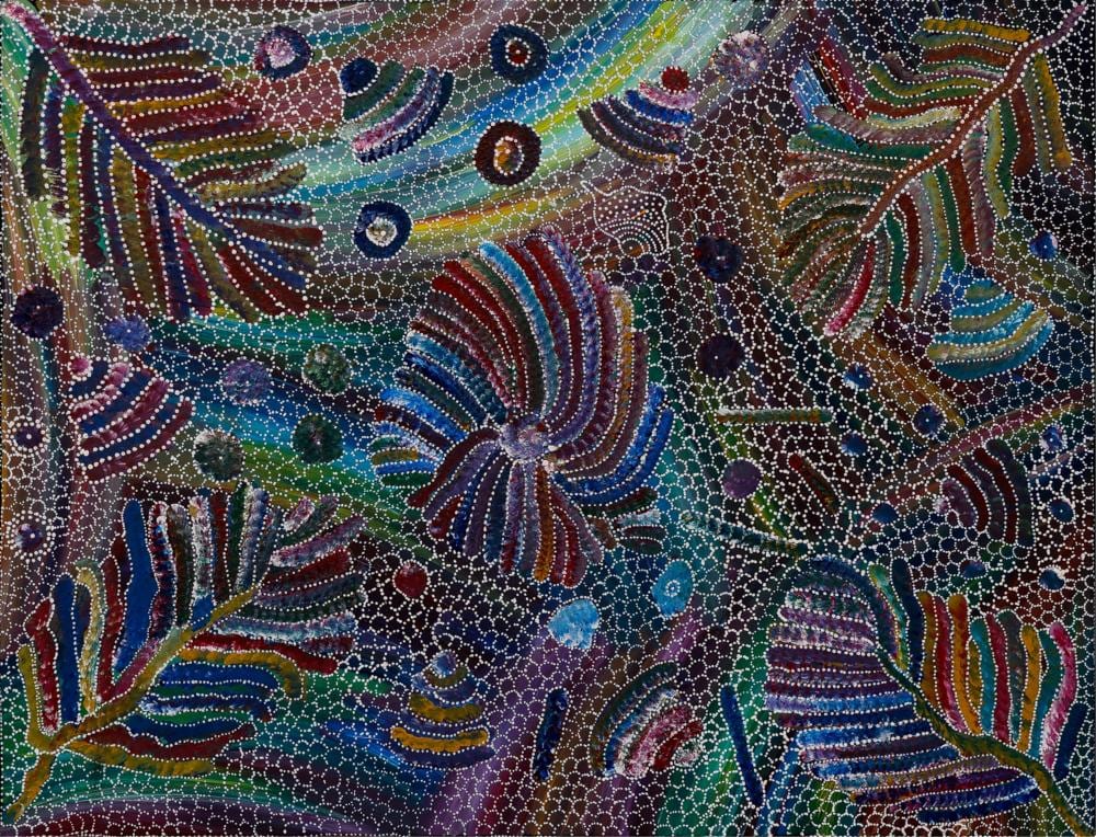 Jedda Purvis Ngwarai comparable auction result: jedda purvis ngwarai yam seed dreaming acrylic on canvas 74cm x 95cm