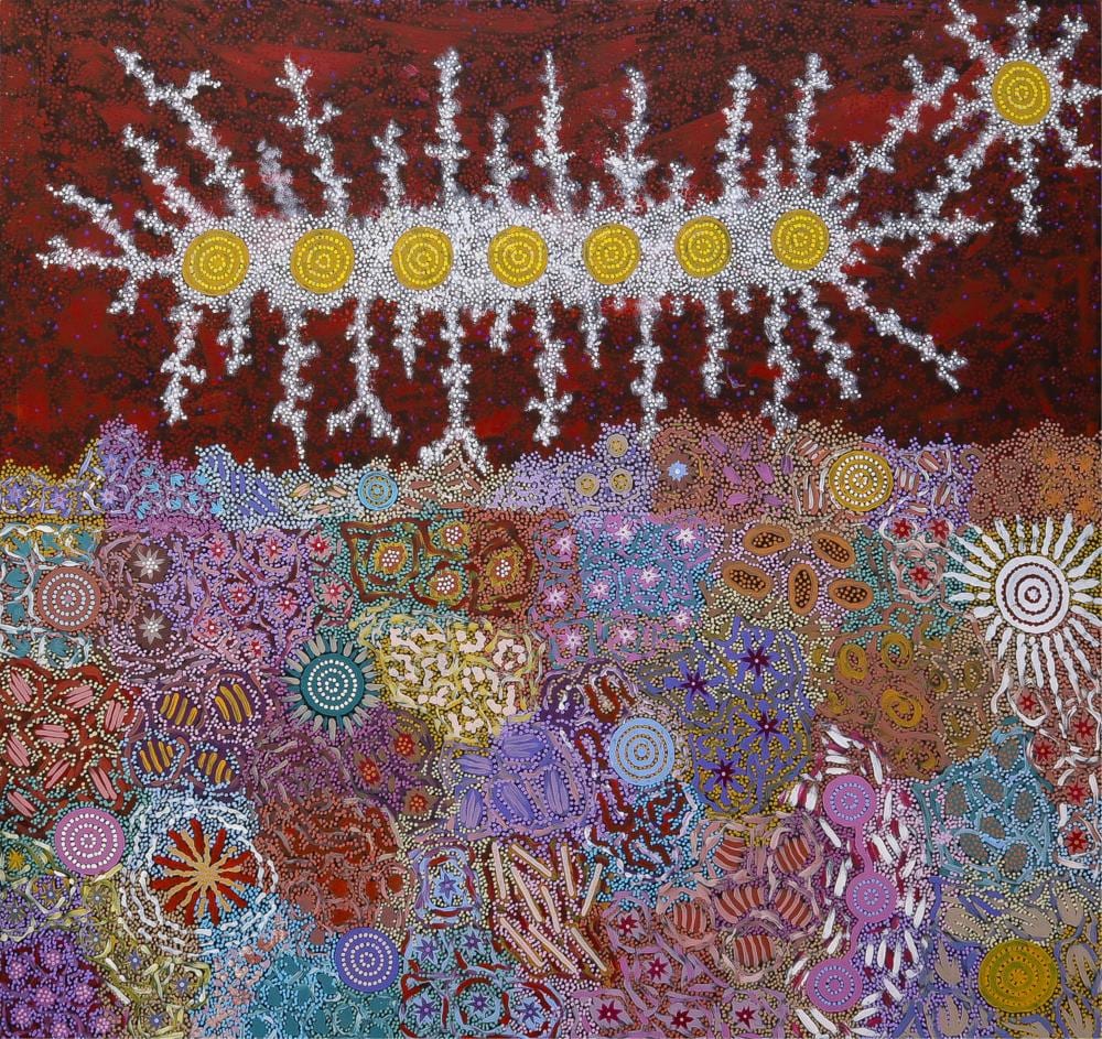 Michelle Possum Nungurrayi comparable auction result: michelle possum nungurrayi seven sisters and grandmother s country acrylic on canvas 189cm x 205cm