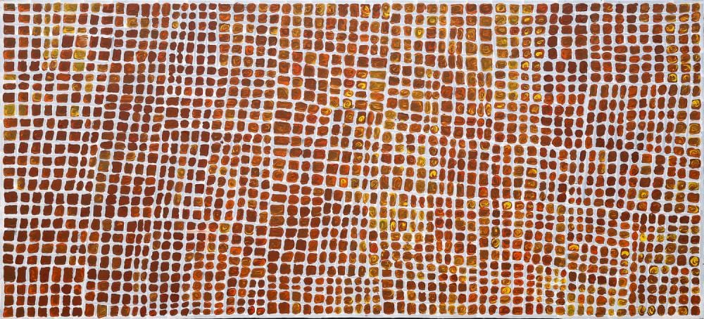 Carbiene McDonald Tjangala comparable auction result: carbiene mcdonald tjangala four dreamings acrylic on canvas 90cm x 198cm