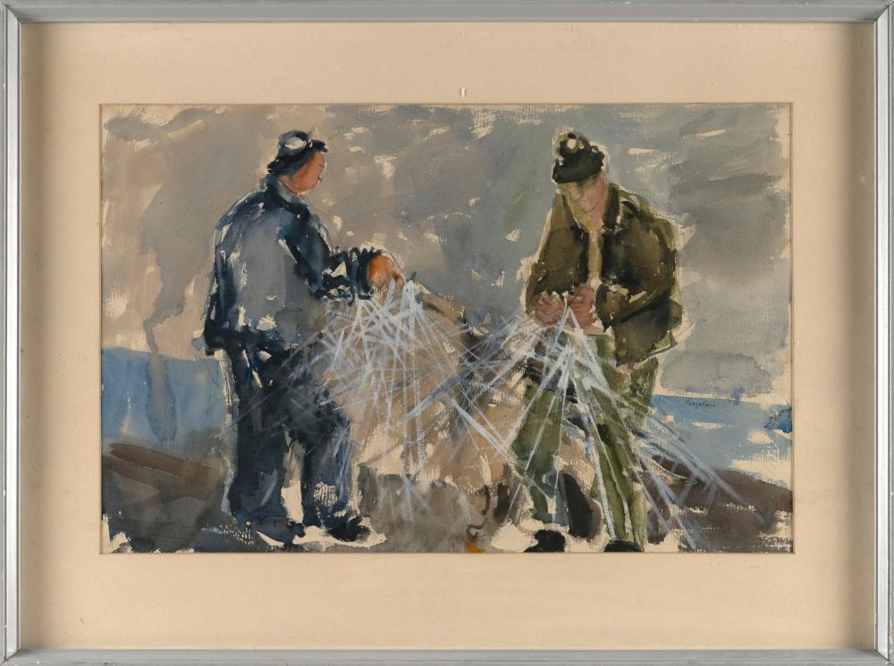 Joseph Kaplan comparable auction result: joseph kaplan new york massachusetts russian federation 1900 1982 mending the nets watercolor on paper 12 x 18 5 sight framed 18 x 24