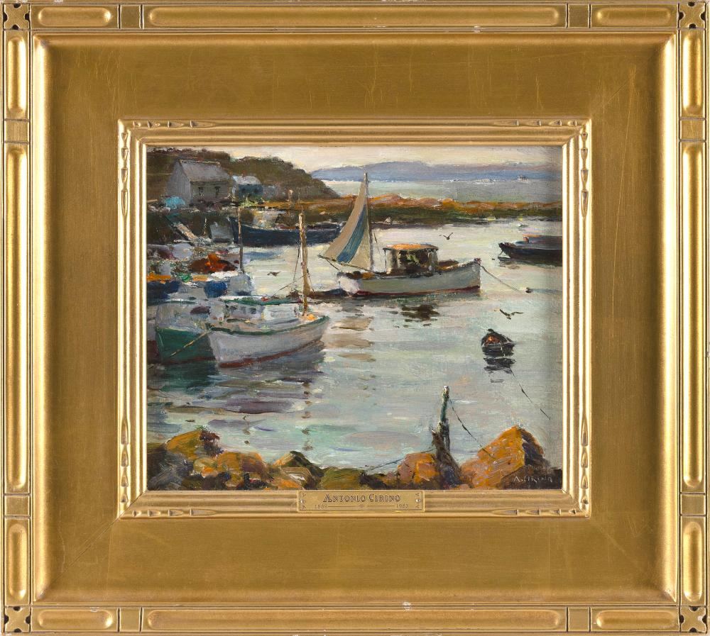antonio cirino rhode island italy 1889 1983 harbor scene oil on board 10 x 12 framed 18 x 20 · Eldred's · 2026-02-12 Antonio Cirino comparable auction result: antonio cirino rhode island italy 1889 1983 harbor scene oil on board 10 x 12 framed 18 x 20