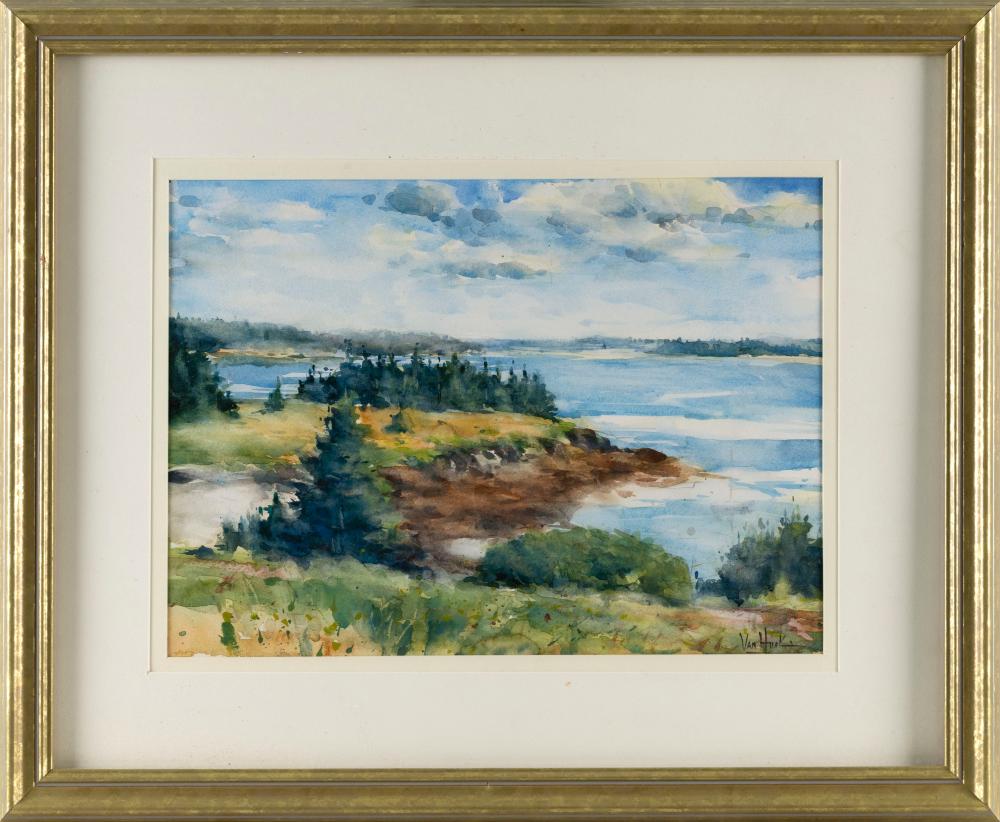George Van Hook comparable auction result: george van hook new york 1954 coastal landscape watercolor on paper 10 25 x 14 25 sight framed 18 x 22