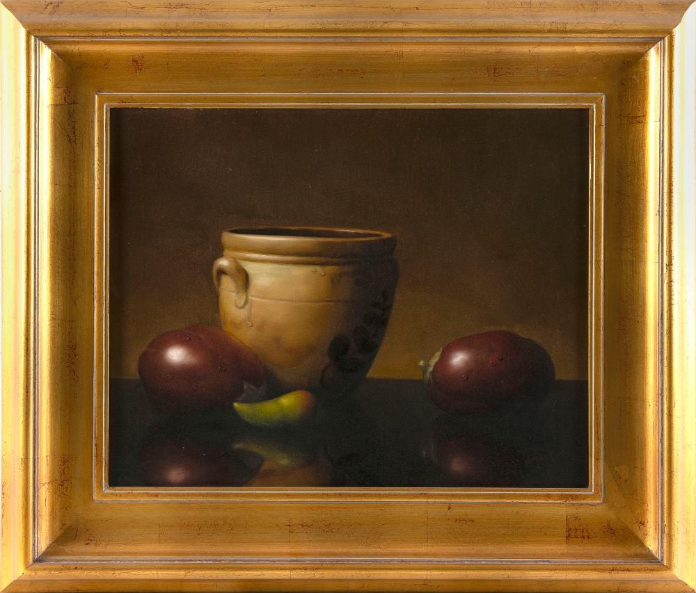 Alfred Jackson comparable auction result: alfred jackson illinois 1940 2001 still life of eggplants and a crock oil on canvas 15 x 19 5 framed 25 x 29