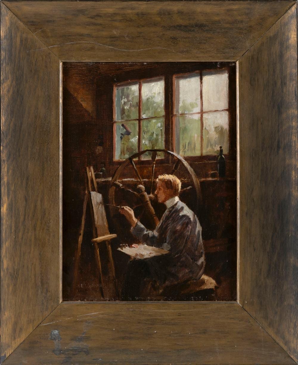 Everett Longley Warner comparable auction result: everett longley warner new york iowa 1877 1963 artist in his studio possibly a self portrait oil on canvas 15 x 11 5 framed 23 x 19