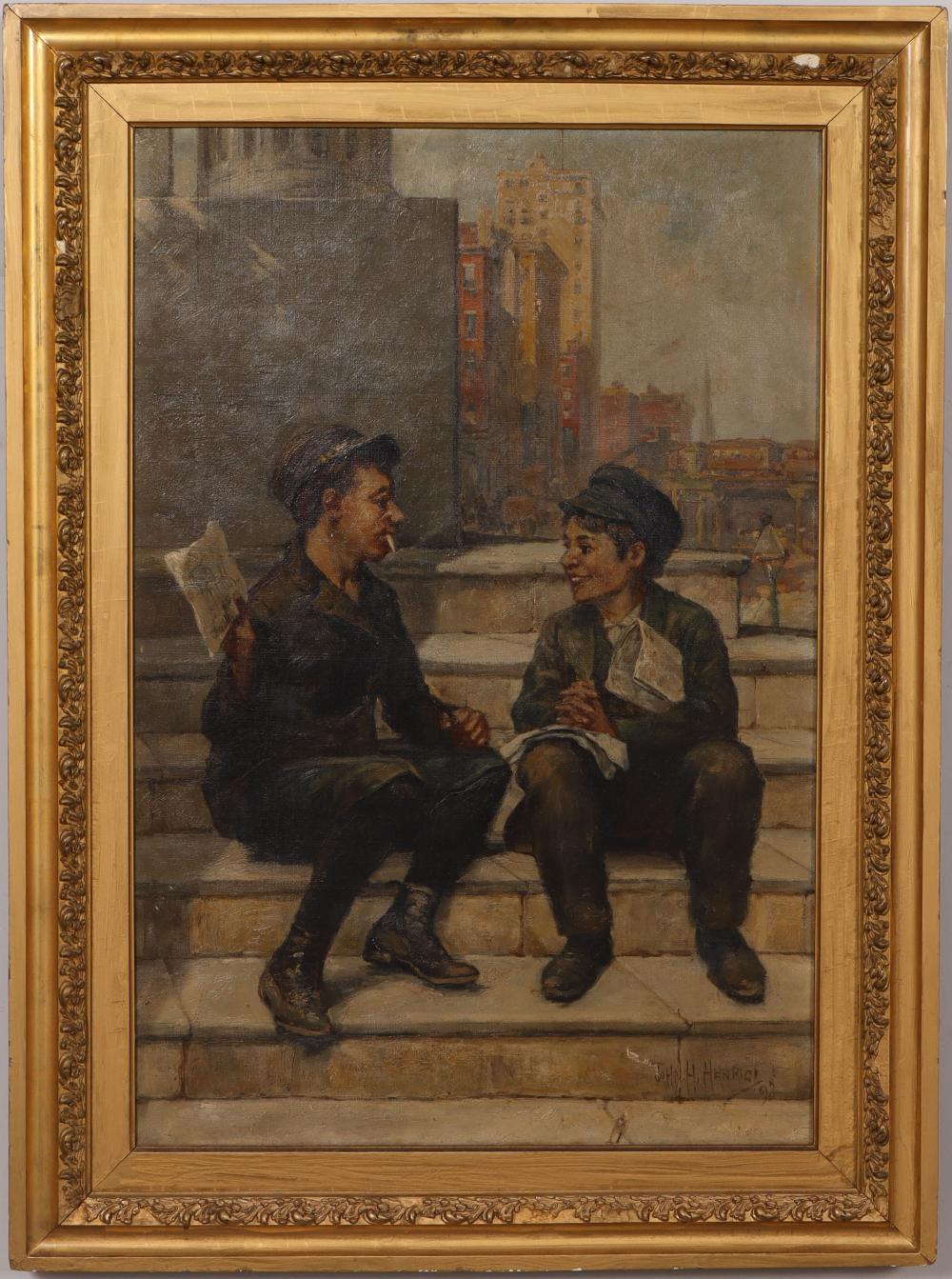 John Henry Henrici (1863 - 1958) Antique American New York Cityscape Newspaper Boy Portrait Painting sold by Curated Gallery Auctions, lot 159 — auction record photograph