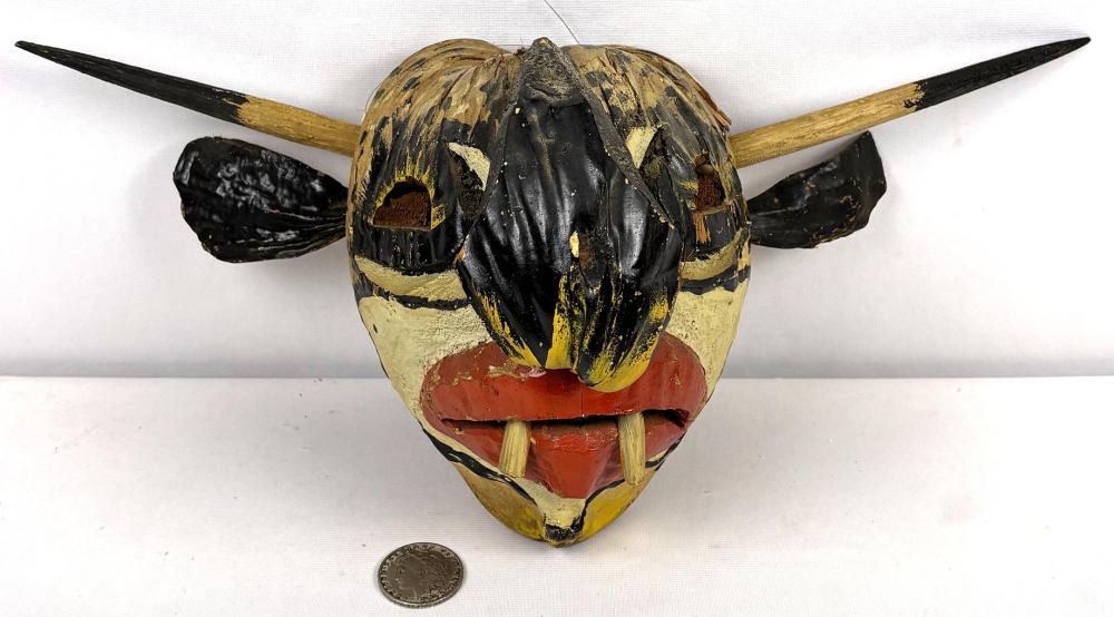 Vintage 1960's Loiza Vejigante Folk Art Carnival Hand Carved Painted Coconut Mask sold by One Source Auctions, lot 86 — auction record photograph