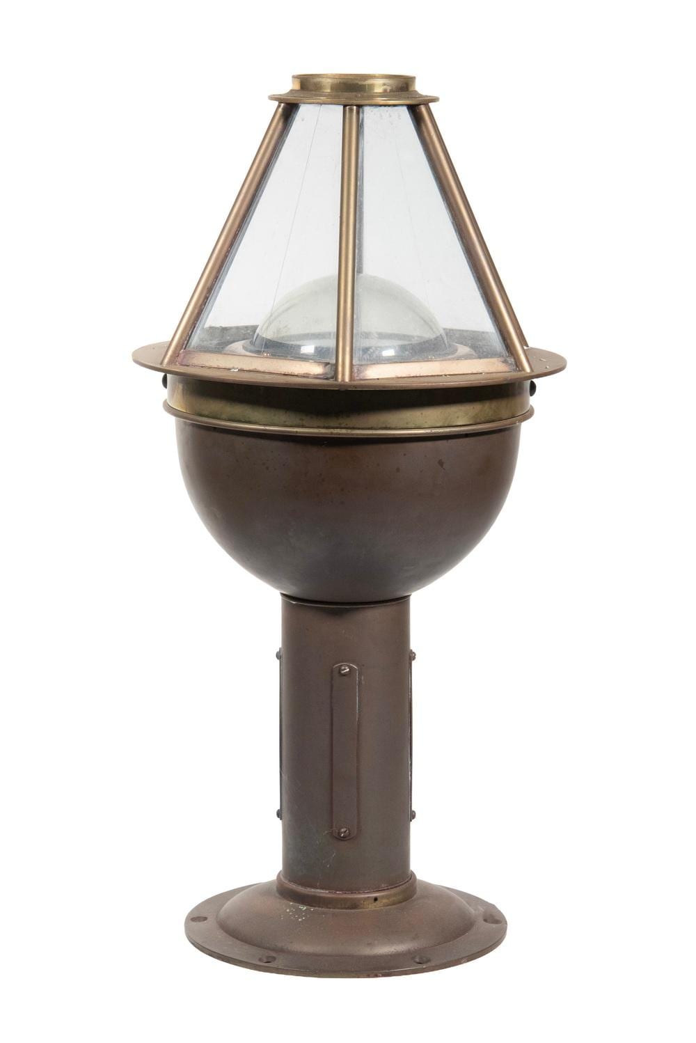 Brass and dark metal yacht binnacle with a glass dome and wet compass, mounted on a cylindrical base.