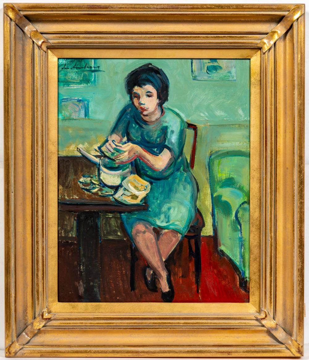 ian armstrong australia 1923 2005 a woman shelling peas at a table oil on panel 40x31 5 cm · For-Auction · 2026-02-11 Ian Armstrong comparable auction result: ian armstrong australia 1923 2005 a woman shelling peas at a table oil on panel 40x31 5 cm