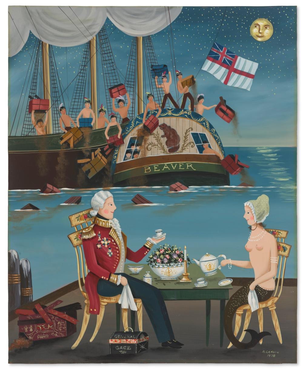 Ralph Cahoon comparable auction result: ralph cahoon 1910 1982 boston tea party oil on masonite20 7 8 x 16 7 8