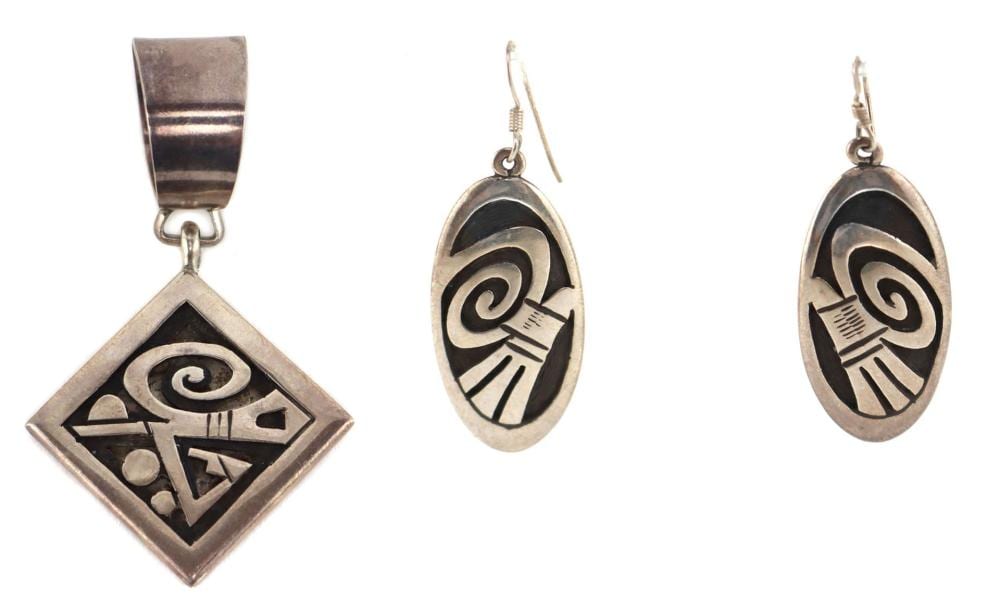 Michael Kabotie comparable auction result: michael kabotie 1942 2009 hopi silver overlay pendant and french hook earrings set c 1980s