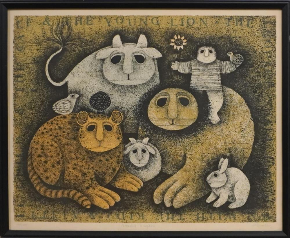 carol jablonsky american 1939 1992 peaceable kingdom and the owl within two lithographs frame of larger 23 x 27 in 59 7 x 68 6 cm · Weschler's · 2026-01-28 Carol Jablonsky comparable auction result: carol jablonsky american 1939 1992 peaceable kingdom and the owl within two lithographs frame of larger 23 x 27 in 59 7 x 68 6 cm