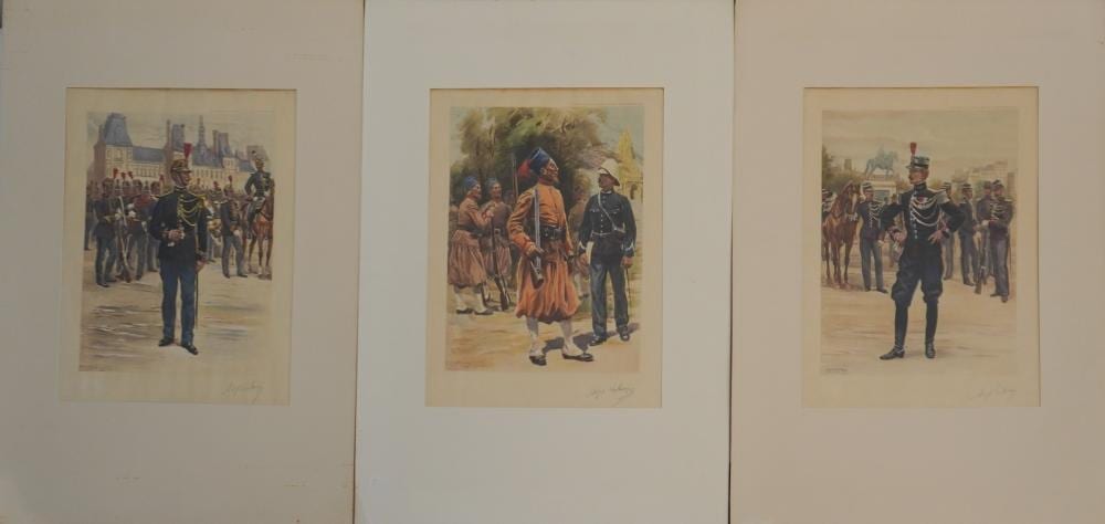 Alphonse Lalauze comparable auction result: alphonse lalauze french 1872 1936 three militaria and gendarmerie color lithographs mat size 22 x 16 in 55 9 x 40 6 cm