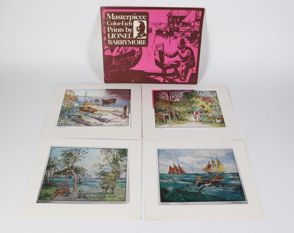 Folio open to four framed color prints showing a harbor scene, a riverside garden scene, a lakeside tree scene, and a sailboat on the water, with a pink “Master