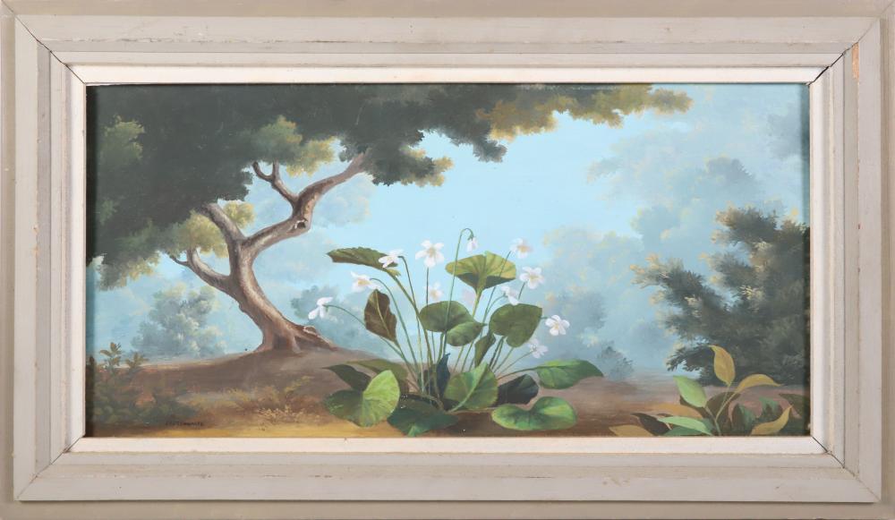 Paul Crosthwaite comparable auction result: paul crosthwaite oil on board white florals blooming in a forest landscape