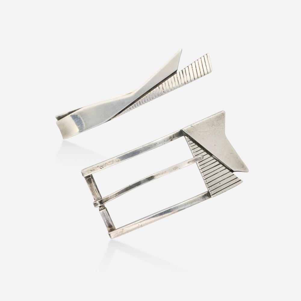 Ed Wiener comparable auction result: ed wiener sterling silver belt buckle and tie bar