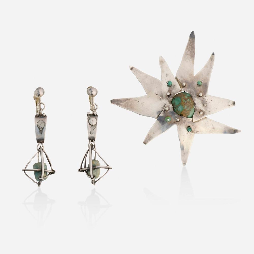 Ed Wiener comparable auction result: ed wiener silver and turquoise brooch and earrings