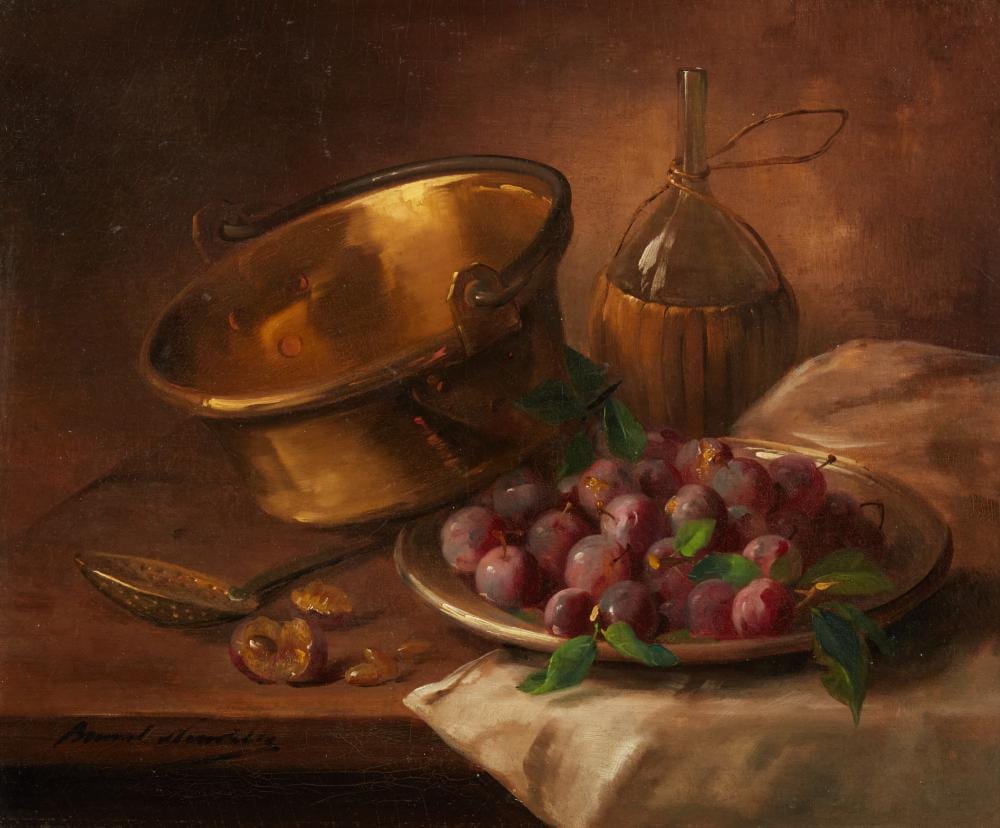 alfred arthur brunel de neuville french 1852 1941 still life of fruit with wine bottle oil on canvas 21 1 2 x 25 1 2in 54 x 64cm · Andrew Jones Auctions · 2026-01-30 Alfred Arthur Brunel De Neuville comparable auction result: alfred arthur brunel de neuville french 1852 1941 still life of fruit with wine bottle oil on canvas 21 1 2 x 25 1 2in 54 x 64cm