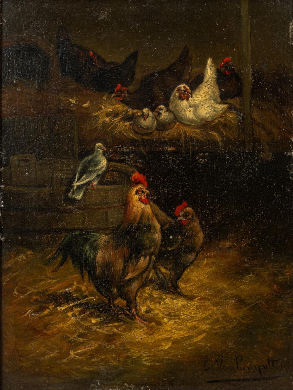 Cornelis van Leemputten comparable auction result: cornelis van leemputten 1841 1902 chickens in the barn an antique oil on panel painting