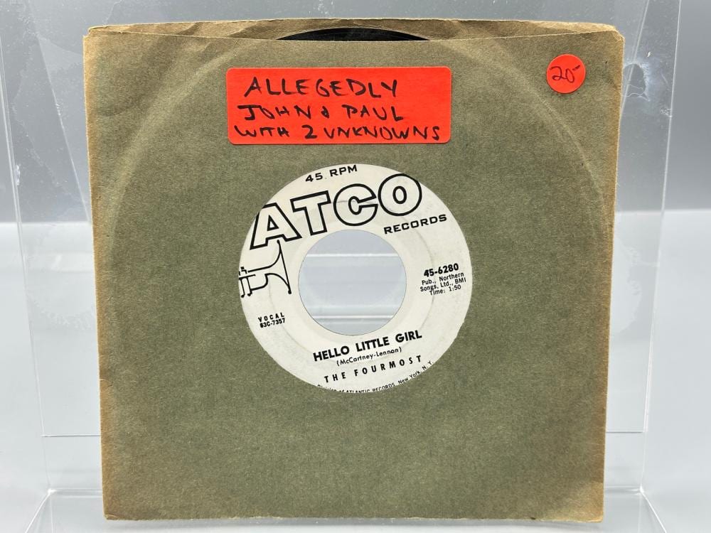 Vinyl 45 RPM single record sleeve with a center label reading “ATCO” and the song title “HELLO LITTLE GIRL.”