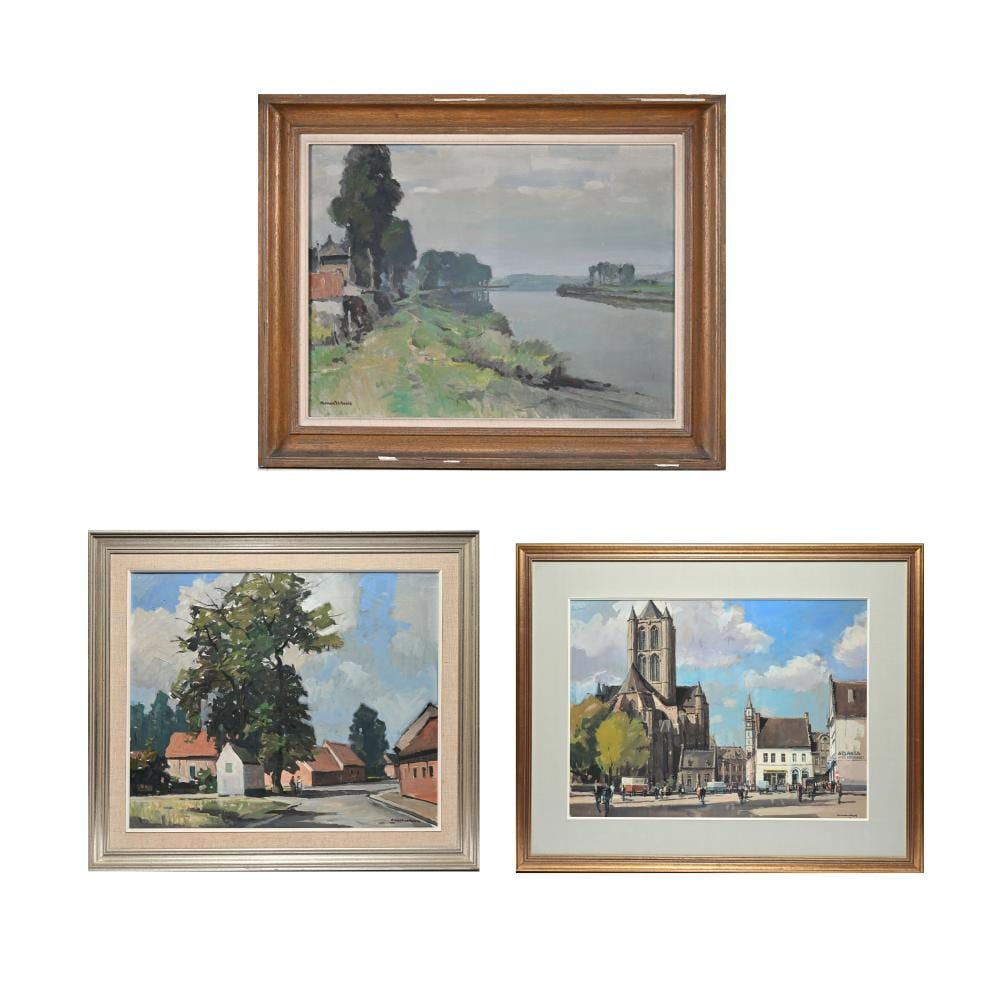 Herman Verbaere comparable auction result: herman verbaere 1906 1993 oil on canvas 2 scheldt view and village view with chapel signed and gouache poeljemarkt in ghent signed