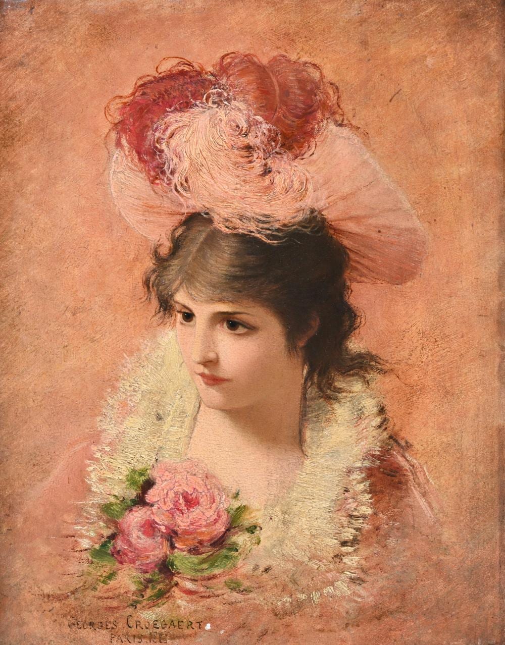 Georges Croegaert comparable auction result: georges croegaert 1848 1923 oil on mahogany panel parisian young lady with roses signed