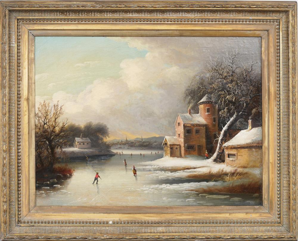Late 19th c. Dutch Ice Skating Winter Village Scene Framed Oil Painting on Board sold by Curated Gallery Auctions, lot 92 — auction record photograph