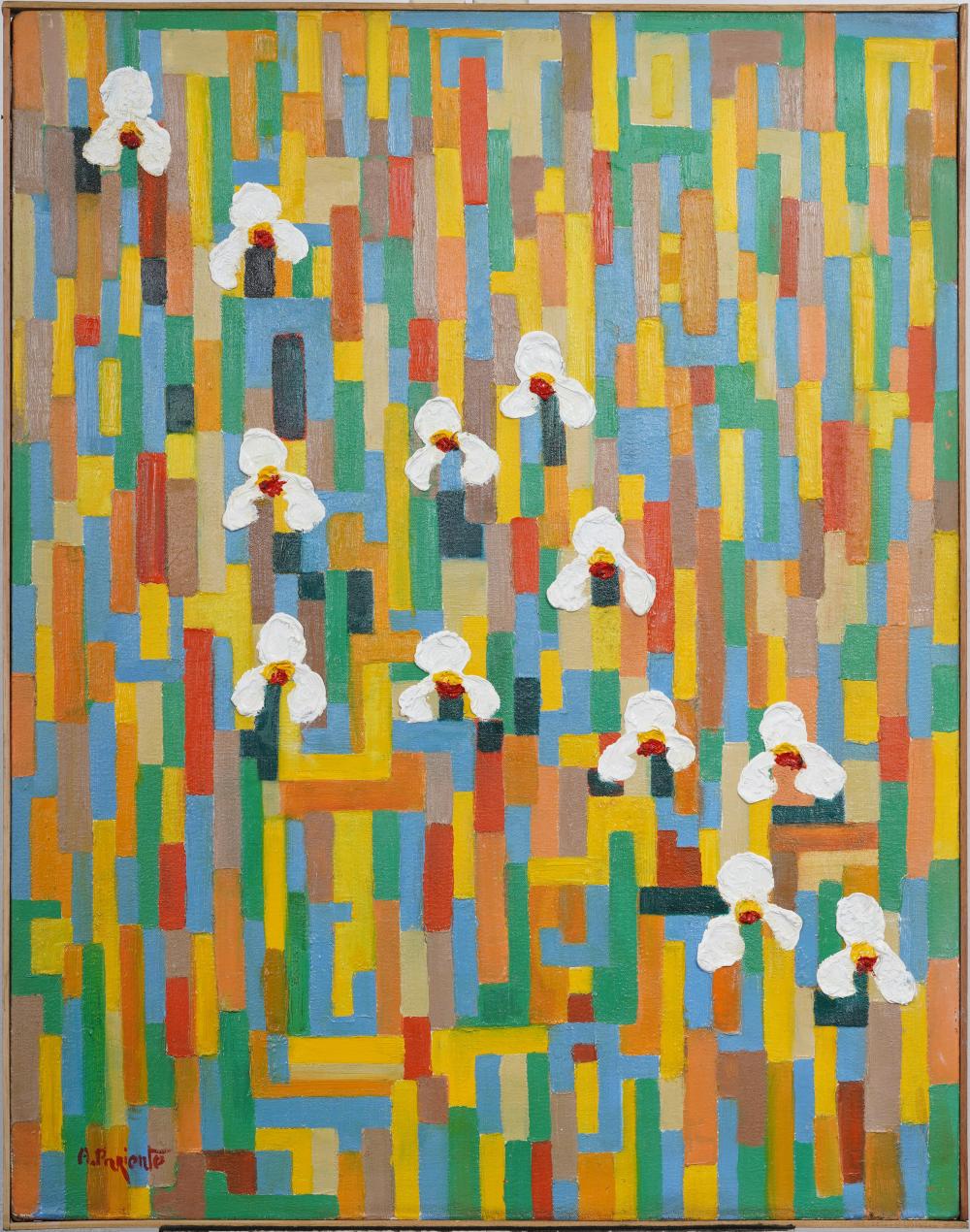 Abraham Pariente b. 1962 Israeli American Vivid Geometric Modernist Field of Flowers Oil Painting sold by Curated Gallery Auctions, lot 218 — auction record photograph
