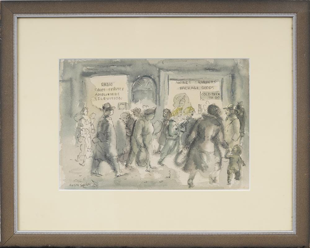 Aaron Sopher comparable auction result: aaron sopher 1905 1972 new york streets signed watercolor and ink on paper street crowd scene