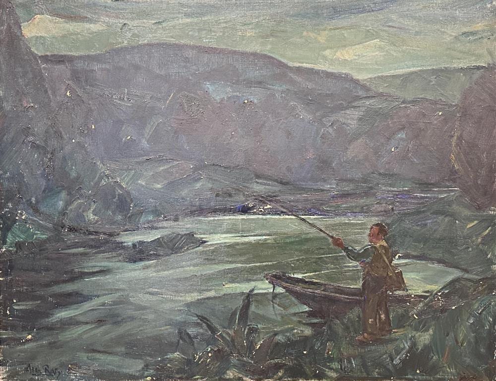 Albert Raty comparable auction result: albert raty 1889 1970 p cheur le long de la semois grande huile sur toile dimensions 131 x 101 cm quelques petits sauts de peinture droits de suite applicables