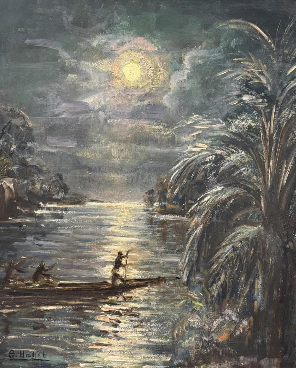 André Hallet comparable auction result: andr hallet 1890 1959 piroguiers africains au clair de lune huile sur panneau dimensions 49 x 39 cm