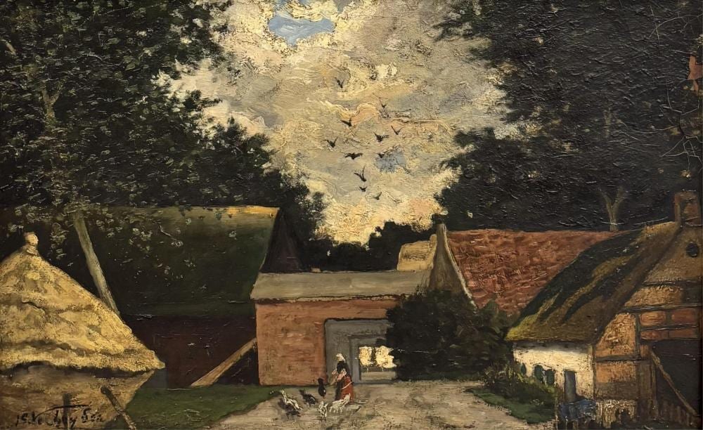 Isidore Verheyden comparable auction result: isidore verheyden 1846 1905 paysanne nourrissant les poules dans la cour de ferme huile sur panneau dimensions 32 x 50 cm