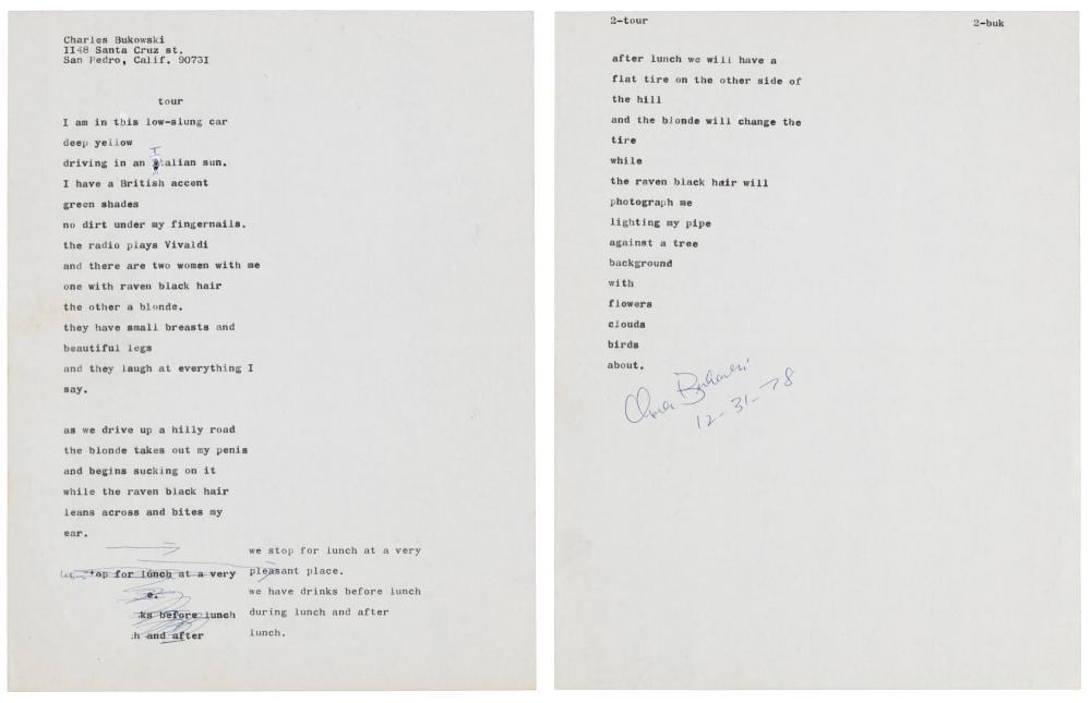 Marthe Donas comparable auction result: tour bukowski manuscript poem 1978