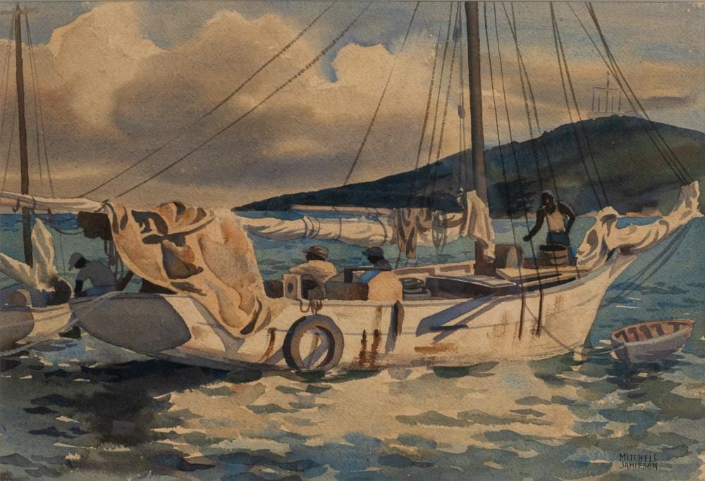 Mitchell Jamieson comparable auction result: mitchell jamieson american 1915 1976 on the water watercolor on paper signed l r frame 23 1 2 x 29 1 2 in 59 7 x 74 9 cm