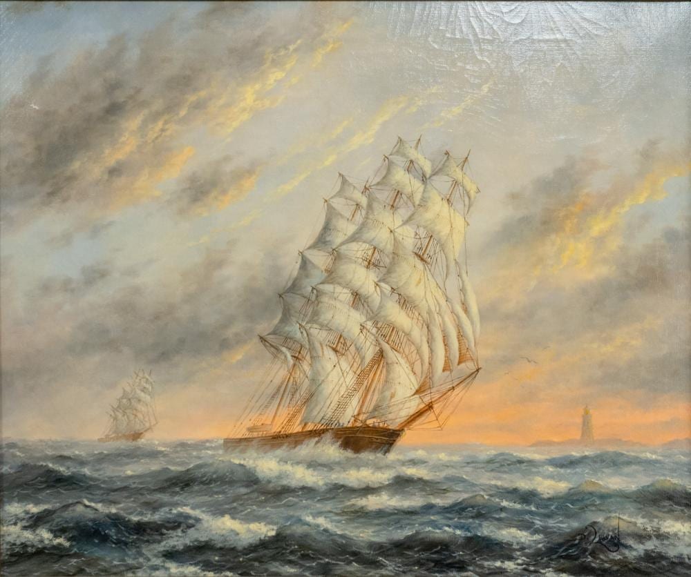 dennis lewan american b 1943 clipper ships oil on canvas signed l r and inscribed on verso frame 36 3 4 x 30 3 4 in 93 3 x 78 1 cm · Weschler's · 2026-02-03 Dennis Lewan comparable auction result: dennis lewan american b 1943 clipper ships oil on canvas signed l r and inscribed on verso frame 36 3 4 x 30 3 4 in 93 3 x 78 1 cm